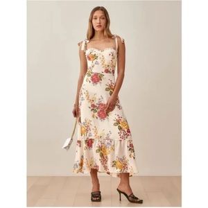 Reformation Nikita Dress in Bouquet White Yellow Midi Tie Straps Size 0
